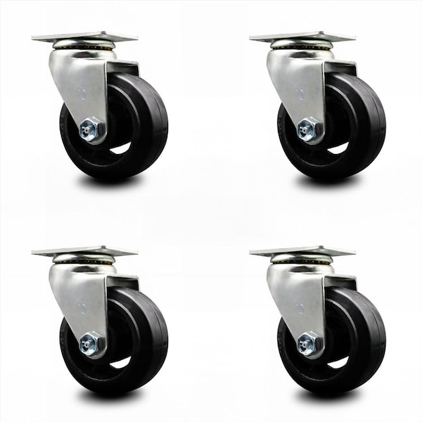 4 Inch Rubber on Cast Iron Wheel Swivel Caster Set with Ball Bearings SCC